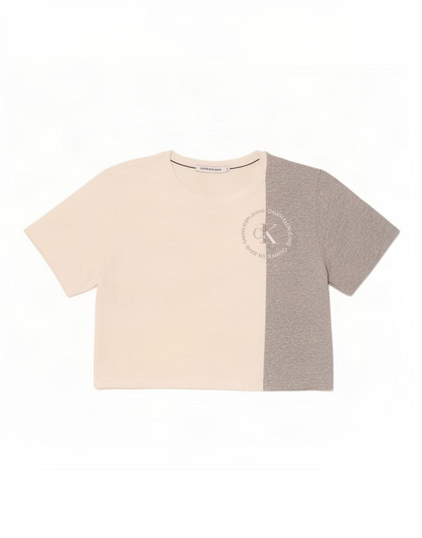 Calvin Klein Jeans Camiseta corta para mujer Top UK 44 Gris medio Colorblock