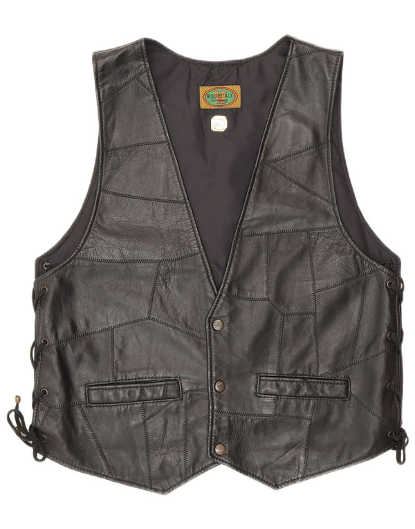 Vintage mujer cuero chaleco 2XL negro patchwork biker