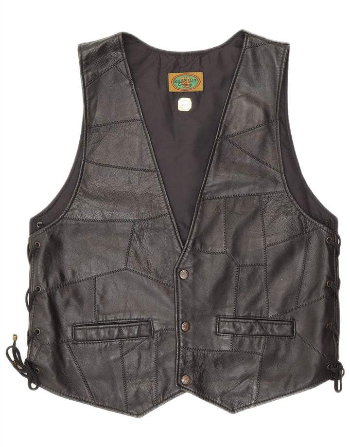 Vintage mujer cuero chaleco 2XL negro patchwork biker