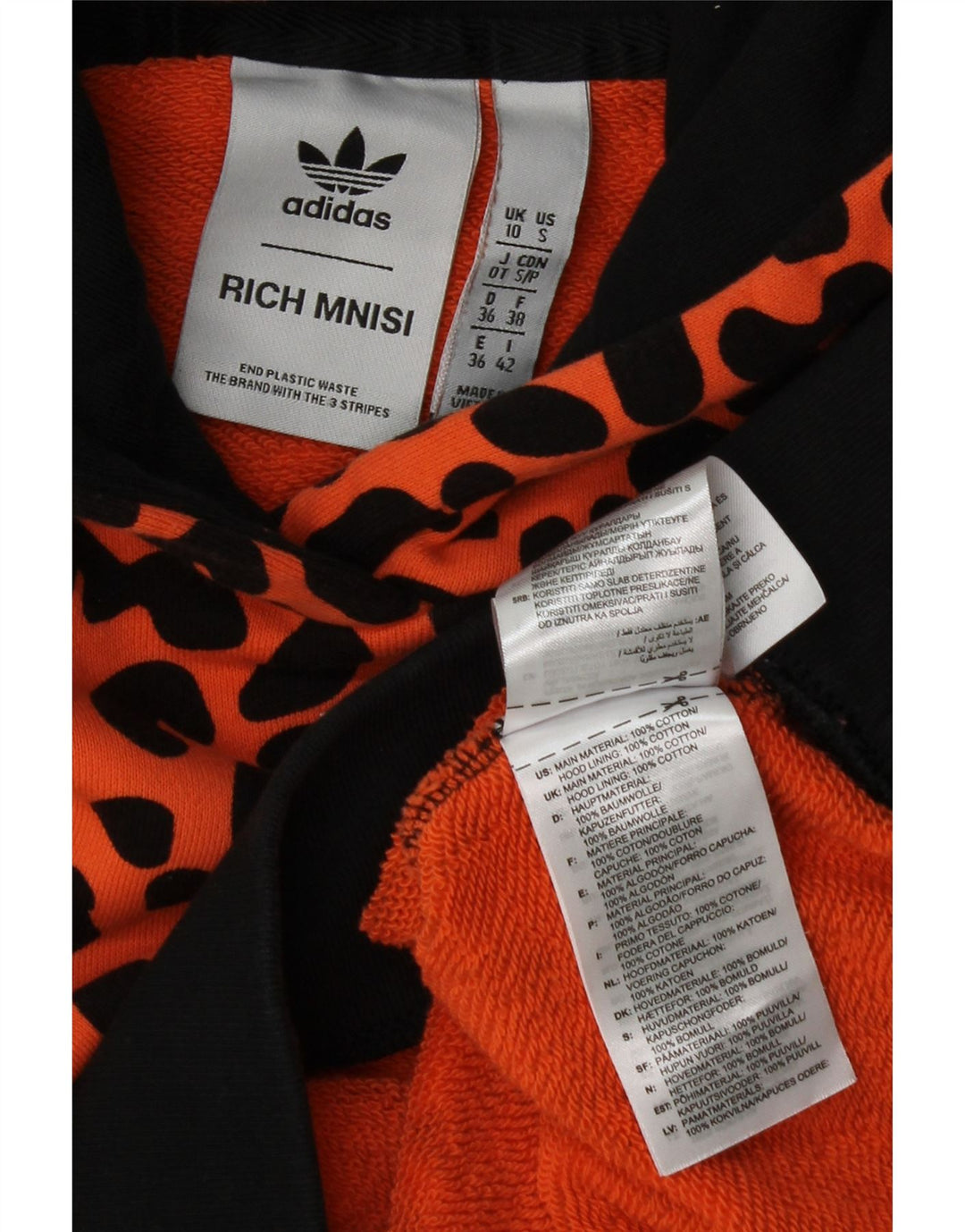 ADIDAS Mujer Rich Mnisi Sudadera con capucha Jumper Reino Unido 10 Pequeño Naranja Estampado Animal