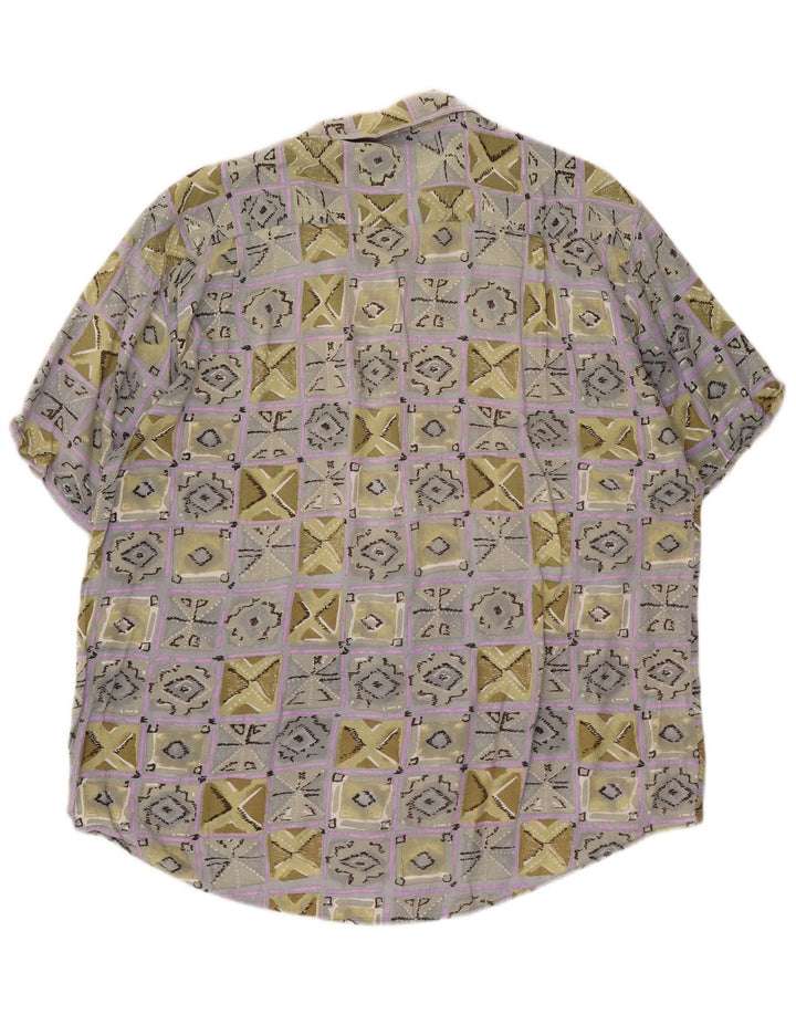 VINTAGE Camisa Manga Corta Hombre XL Viscosa Geométrica Multicolor