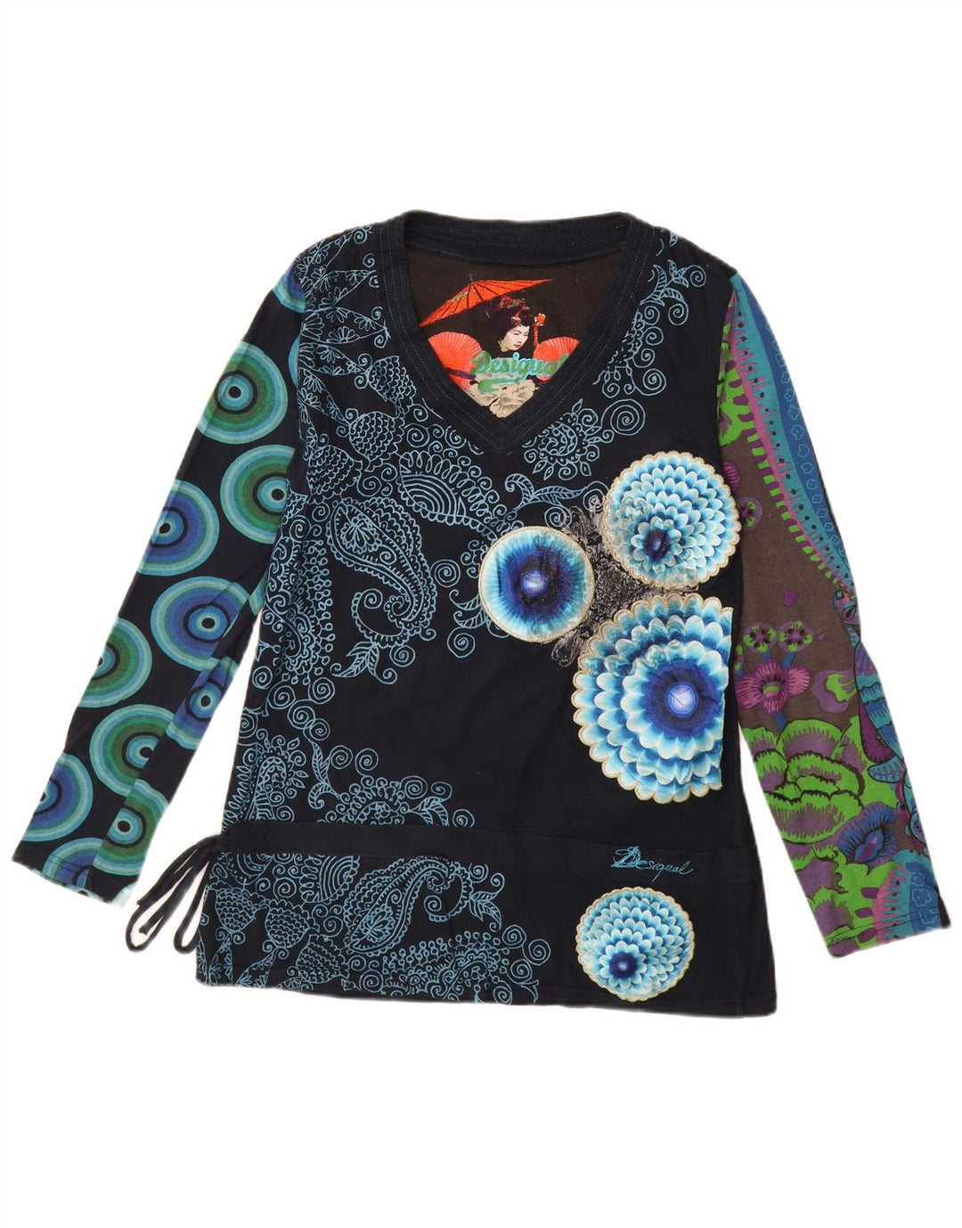 Desigual Mujer Gráfico Top Manga Larga UK 18 XL Azul Marino Patchwork