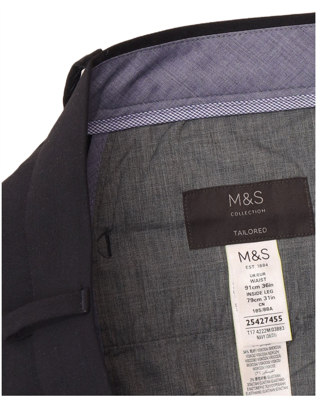 Marks & Spencer Pantalones de traje ajustados a medida para hombre W36 L31 Azul marino