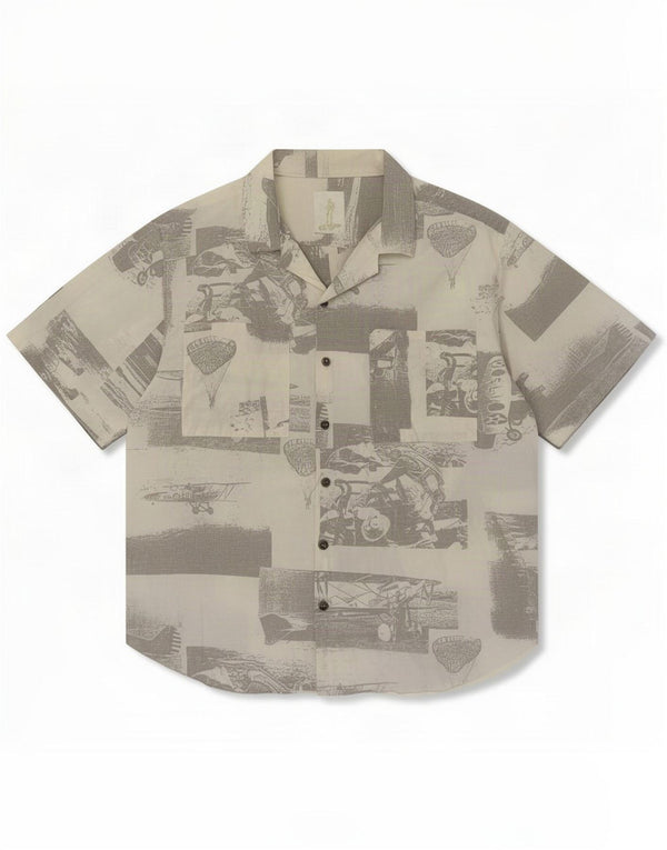Camisa de manga corta con estampado abstracto vintage para hombre Gris grande