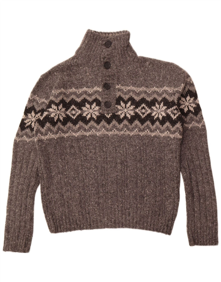 Marks & Spencer Suéter tipo jersey con cuello y botones para hombre, talla grande, lana gris Fair Isle