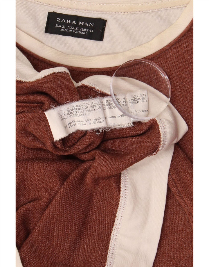ZARA Hombre Top Manga Larga XL Algodón Colorblock Marrón