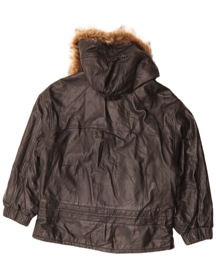 Vintage mujer con capucha chaqueta de cuero de gran tamaño IT 48 XL cuero negro