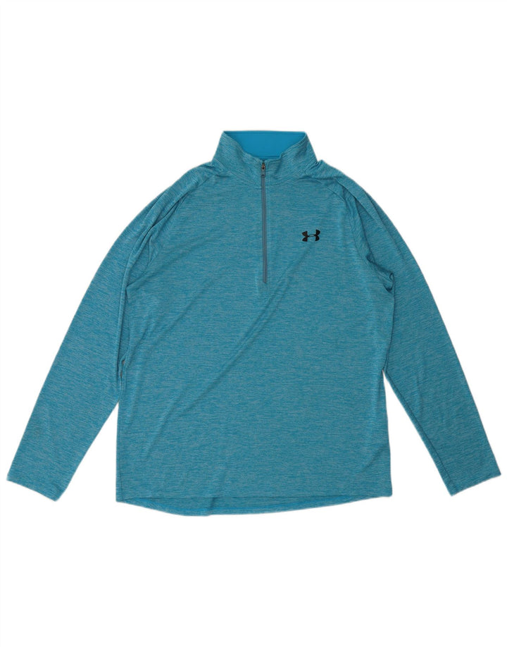 Under Armour Camiseta con cuello y cremallera para hombre, manga larga, poliéster moteado azul grande