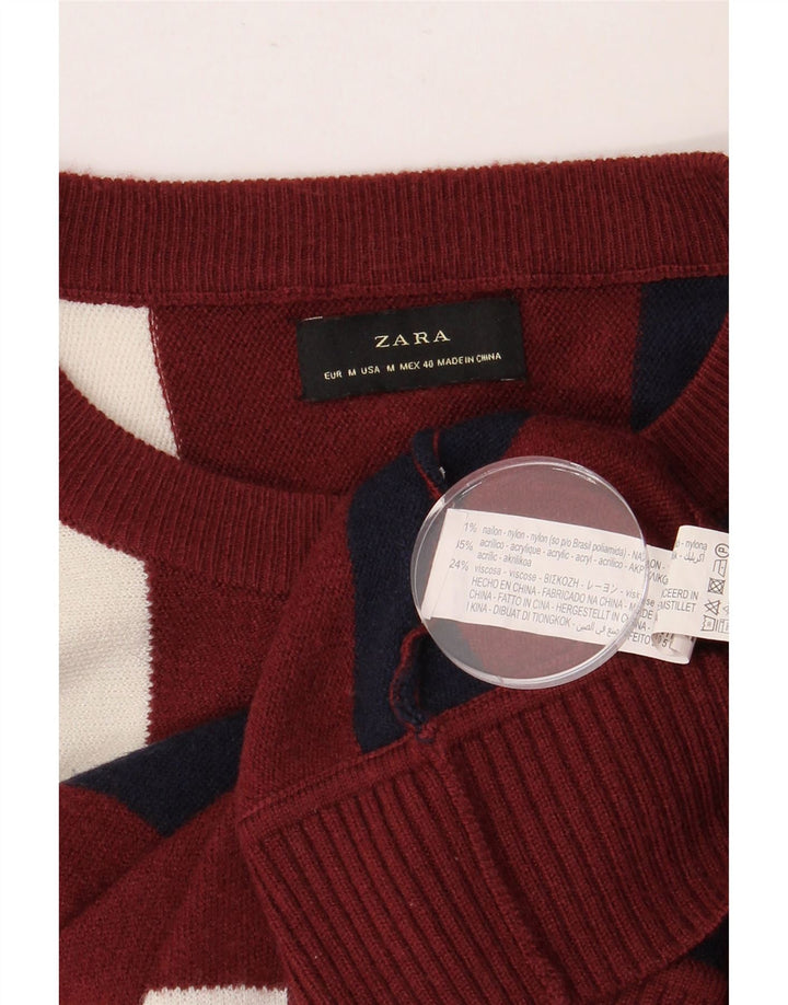 ZARA Hombre Jersey Cuello Redondo Nylon Rayas Mediano Burdeos