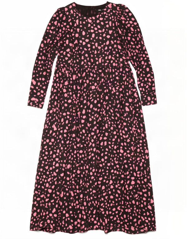 Zara Vestido largo de manga larga para mujer UK 40 Mediano Poliéster con lunares negros