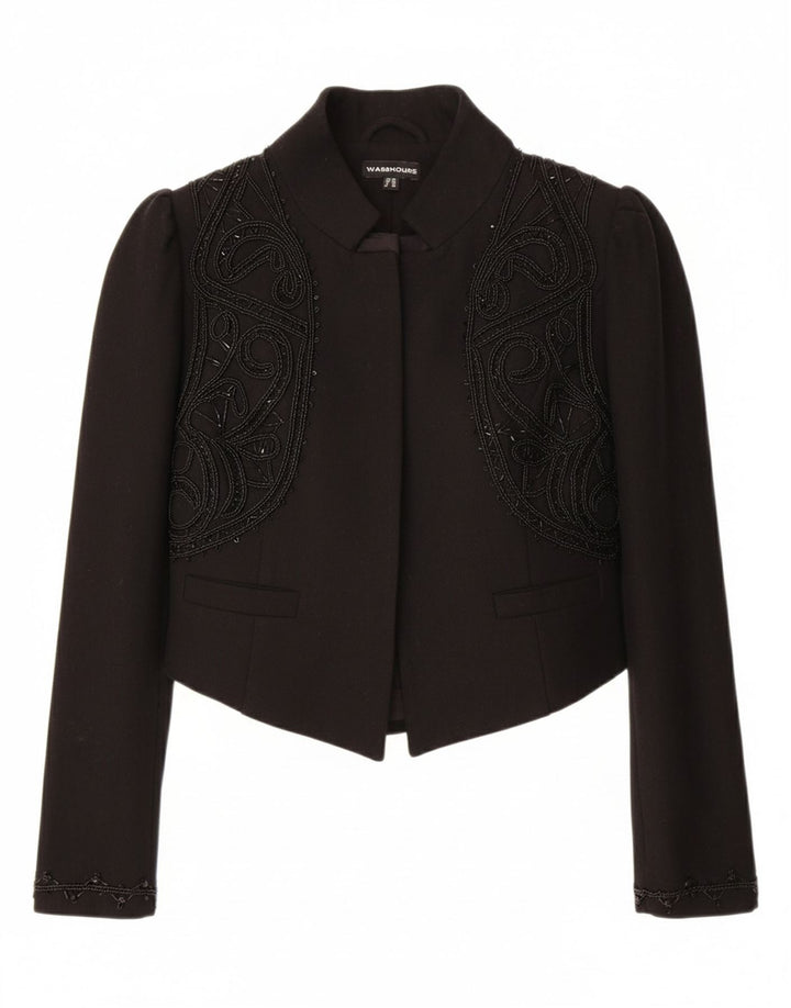 WAREHOUSE Womens Bolero Jacket UK 10 Small  Black Floral Wool