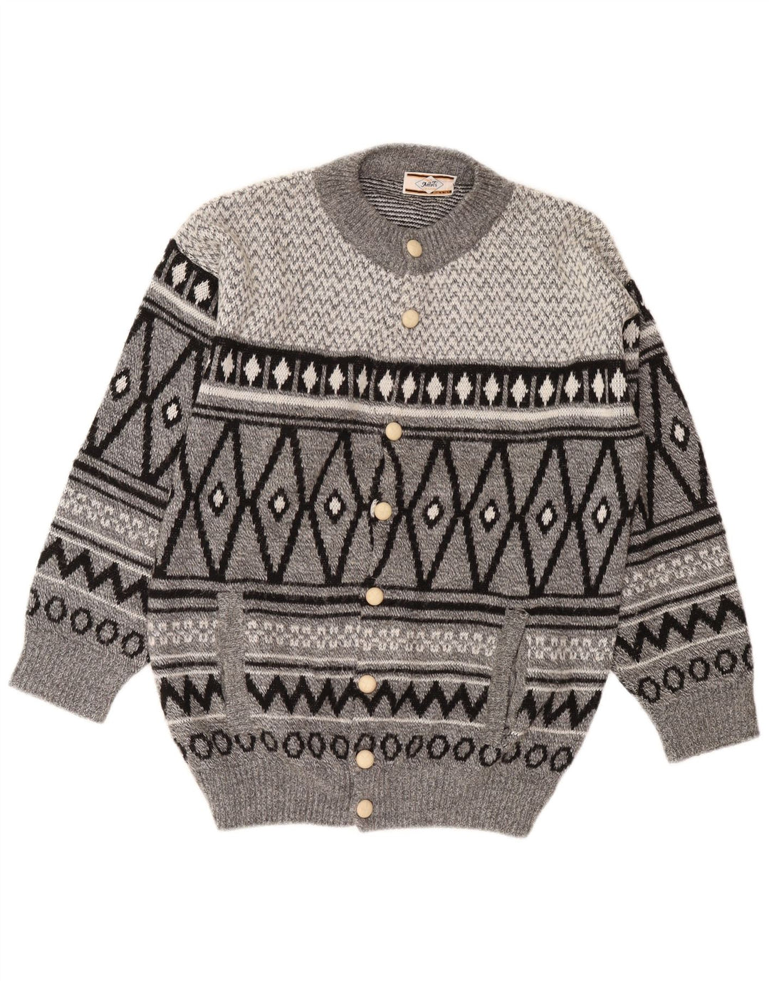 Vintage hombres Cardigan suéter grande gris Argyle/Diamante