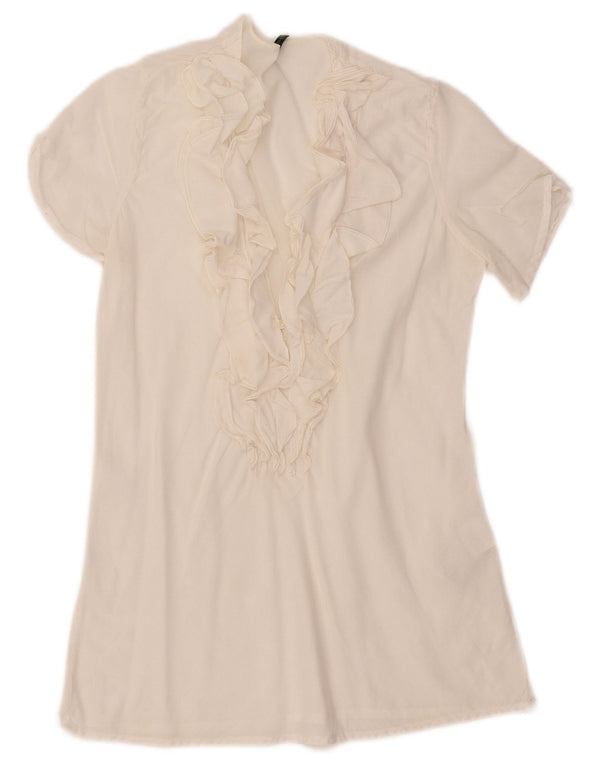 Benetton Blusa De Mujer Con Volantes En La Parte Delantera UK 40 Small De Algodón Blanco Roto