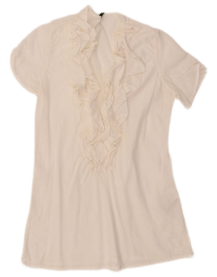 Benetton Blusa De Mujer Con Volantes En La Parte Delantera UK 40 Small De Algodón Blanco Roto