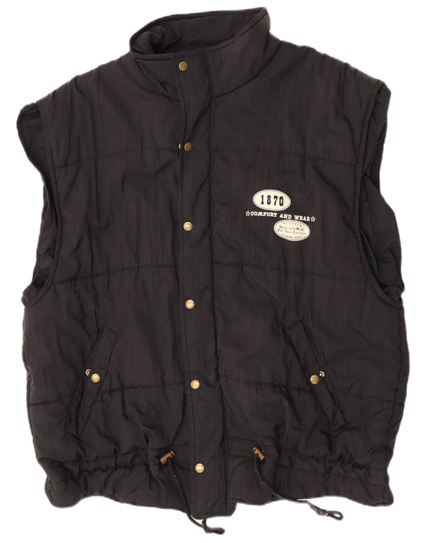 Vintage hombres gráfico con capucha acolchado chaleco Reino Unido 40 grandes deportes de nylon negro