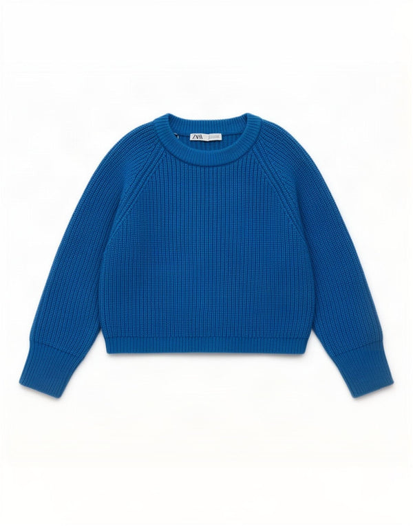 Zara Mujer Crop Crew Neck Jumper Sweater UK 10 Small Azul Acrílico