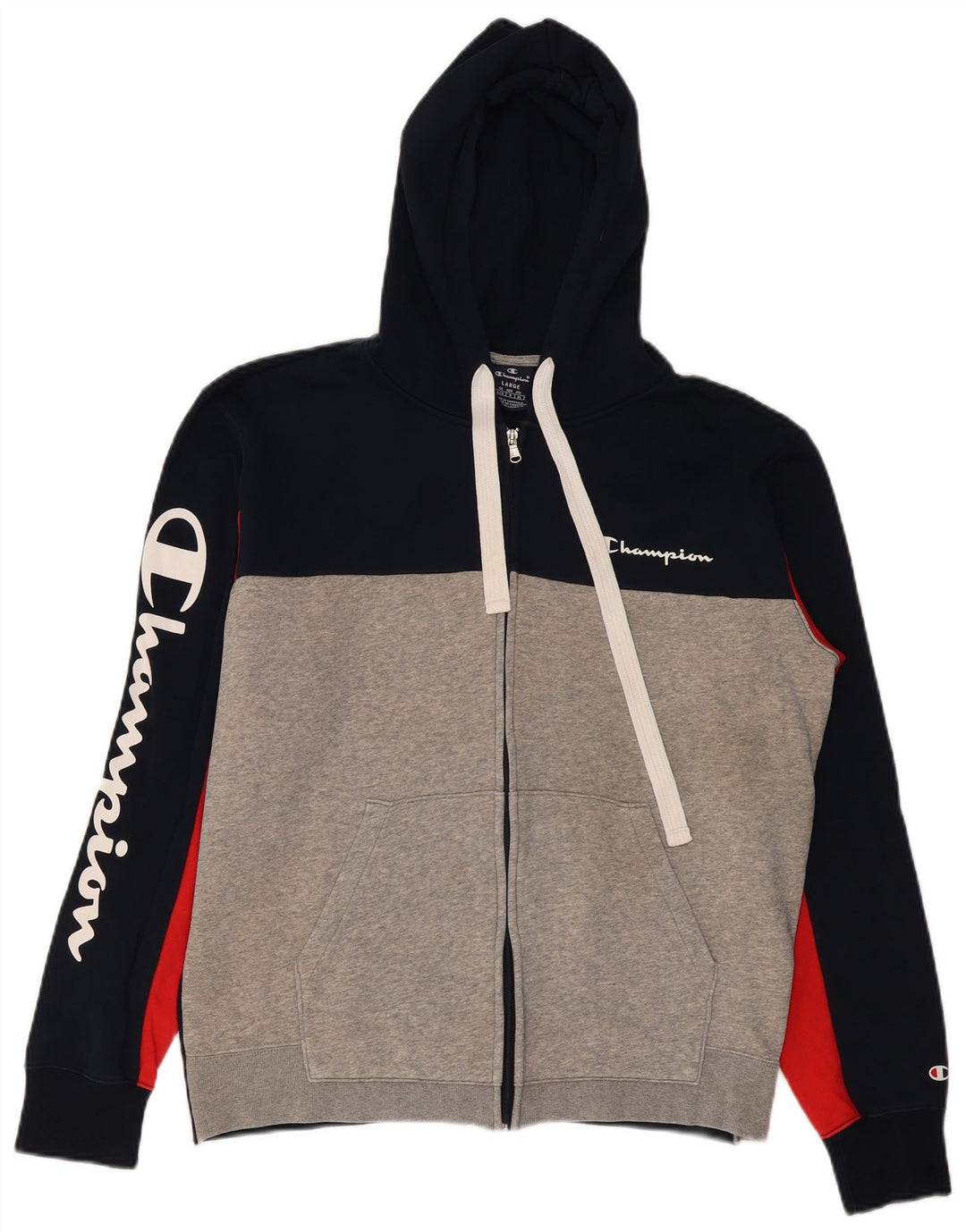 Champion Sudadera con capucha y cremallera gráfica para hombre, talla grande, algodón azul marino con bloques de color