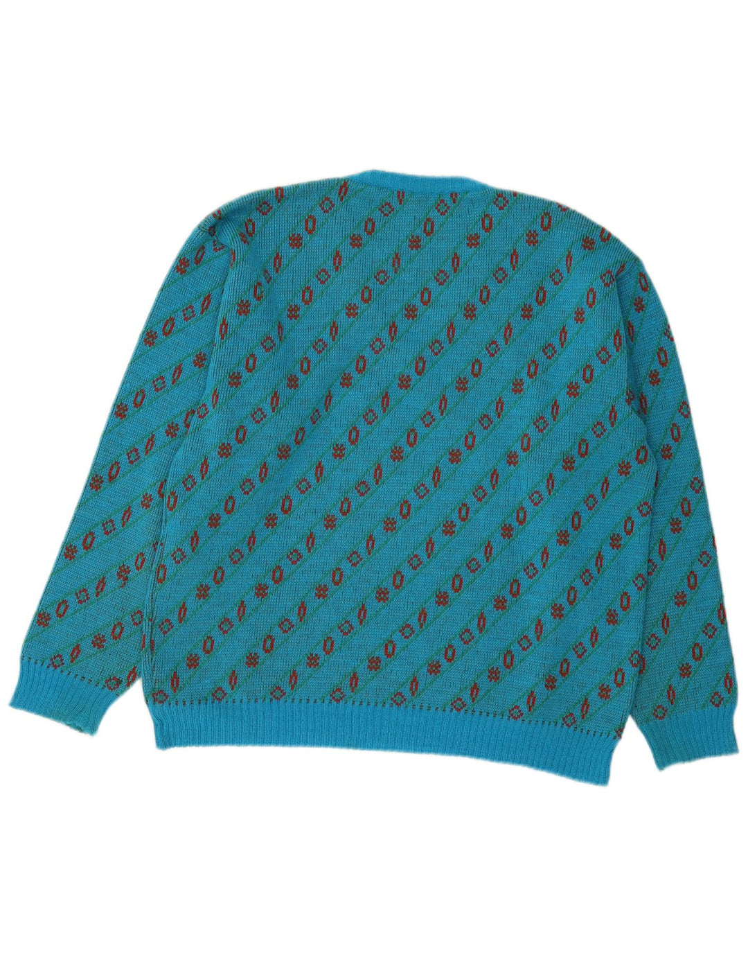 Vintage hombres V-cuello jumper suéter grande azul geométrico lana