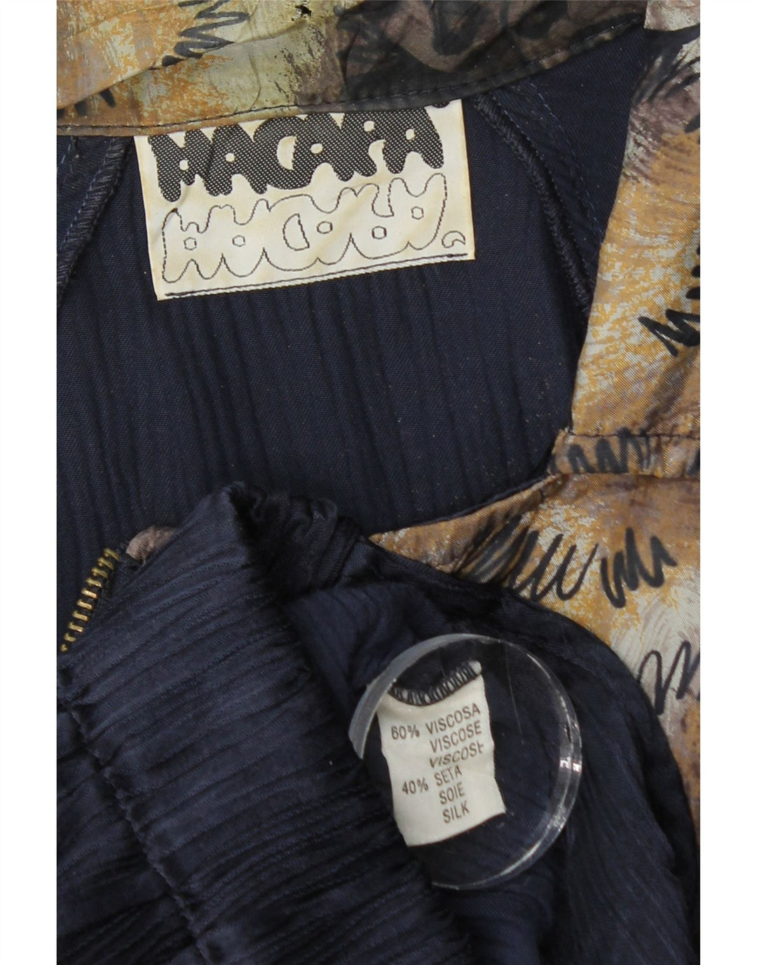 Vintage mujer chaqueta bomber asimétrica Reino Unido 10 pequeño azul marino estampado animal