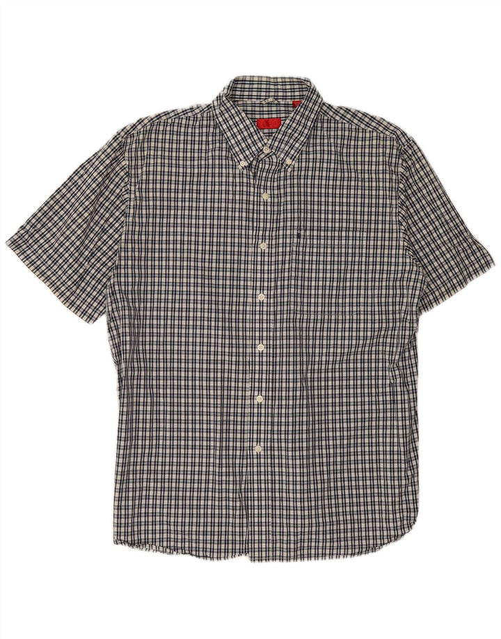IZOD Camisa de manga corta para hombre de algodón a cuadros azul marino grande
