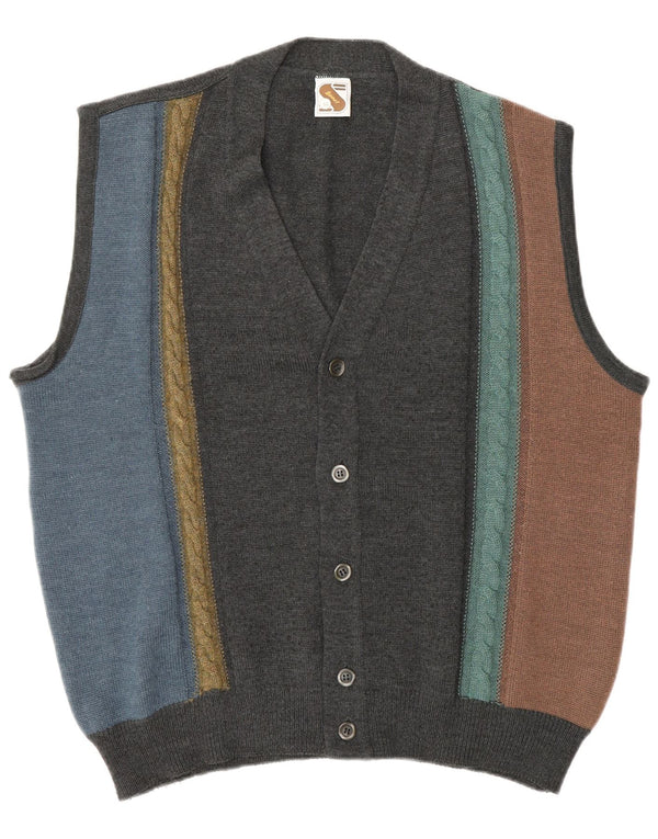 Vintage hombre sin mangas cardigan suéter IT 52 grande gris colorblock