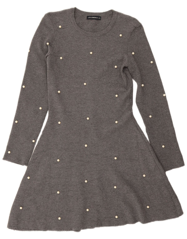 Zara Mujer Vestido Jersey De Manga Larga UK 42 Viscosa Viscosa Gris Medio