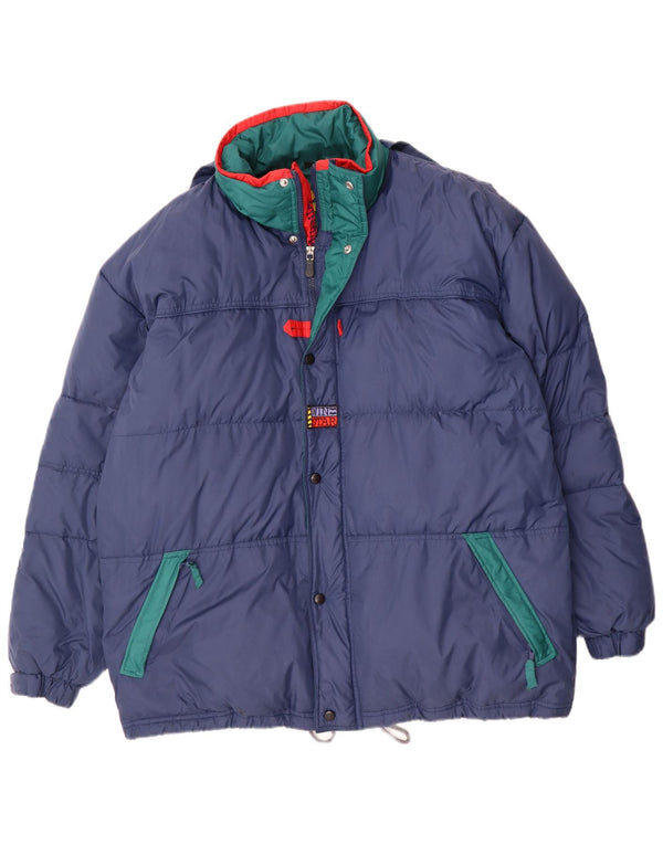 Vintage hombres con capucha chaqueta acolchada Reino Unido 40 grande azul marino colorblock