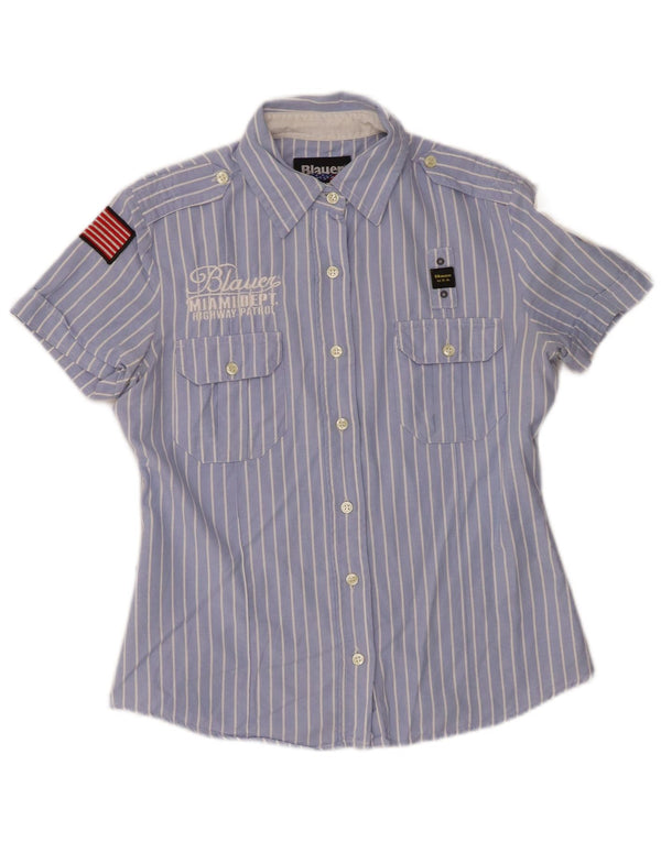 Blauer Camisa militar de manga corta para mujer UK 40 Grande Algodón a rayas azules