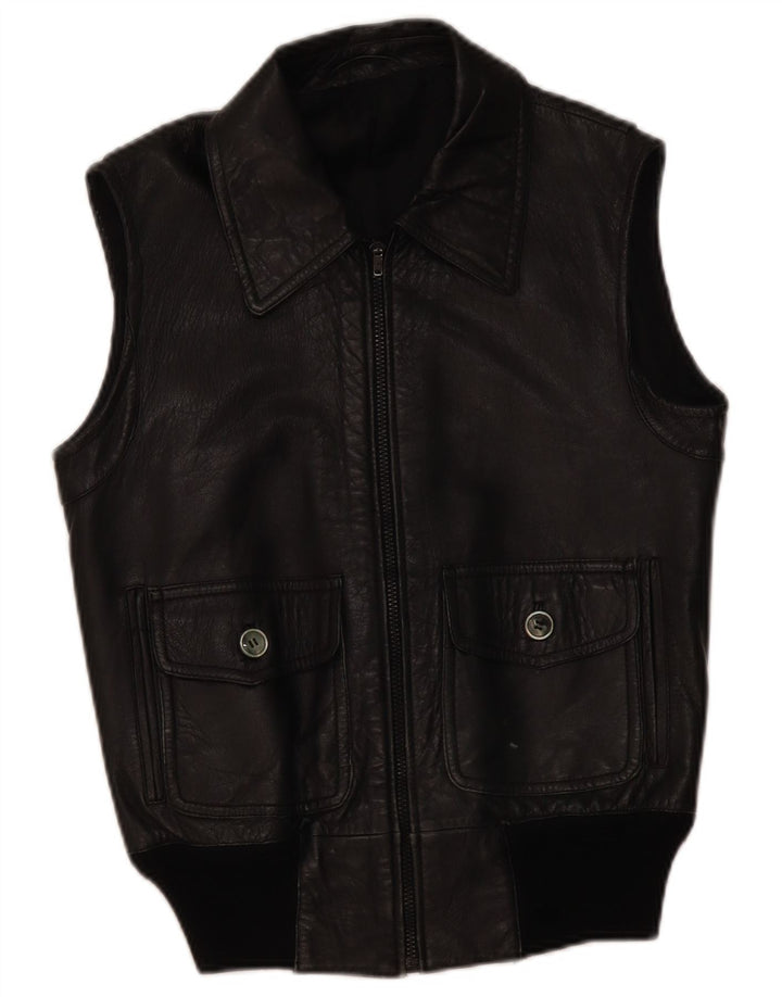 Vintage hombres cuero Gilet Reino Unido 36 pequeño cuero negro