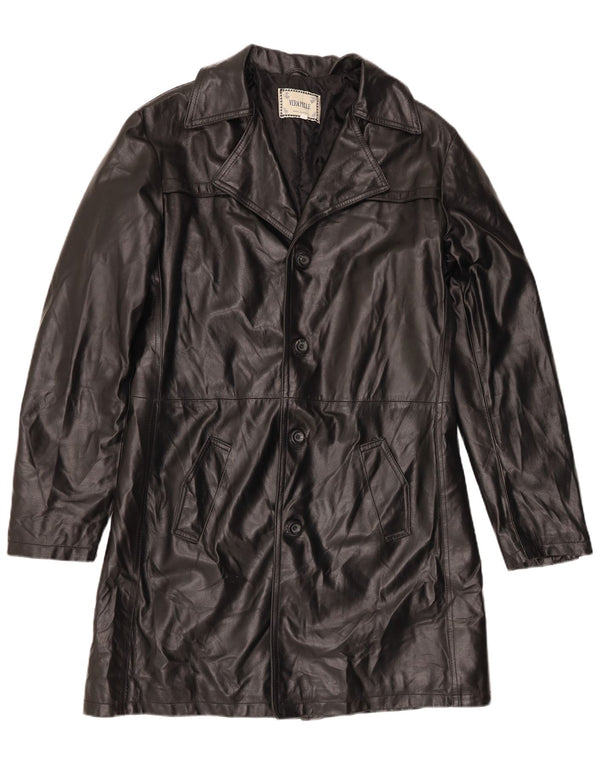 Vintage hombres cuero abrigo Reino Unido 42 XL cuero negro