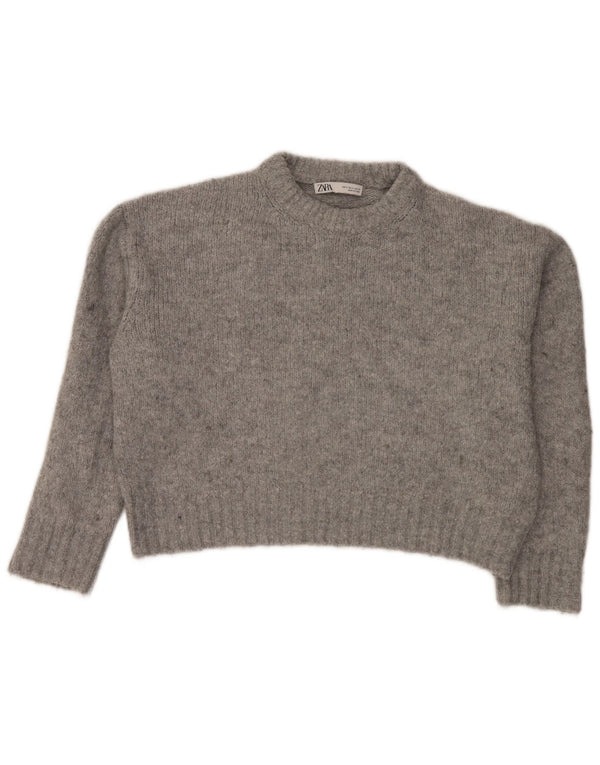 Zara Mujer Crop Crew Neck Jumper Sweater UK 10 Small Gris Moteado