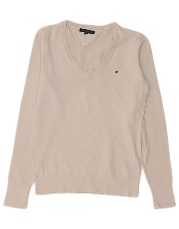 Tommy Hilfiger Suéter con cuello en V para mujer UK 10 Small Off White Cotton