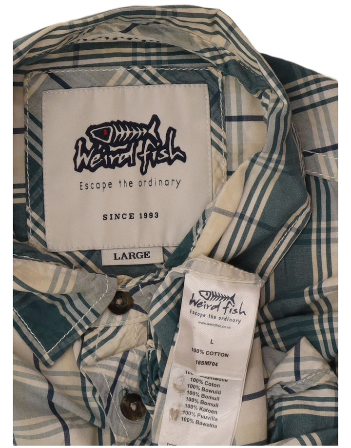 Weird Fish Camisa de manga corta para hombre de algodón a cuadros verdes grandes
