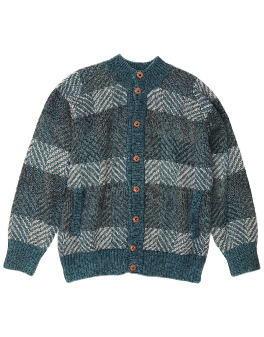 Vintage hombres Cardigan suéter grande azul Chevron