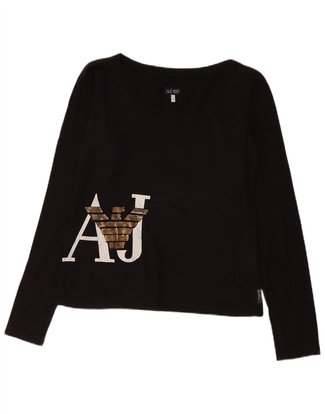Armani Jeans Mujer Gráfico Top Manga Larga UK 40 Grande Negro