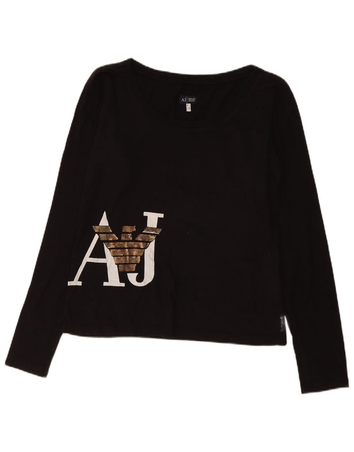 Armani Jeans Mujer Gráfico Top Manga Larga UK 40 Grande Negro
