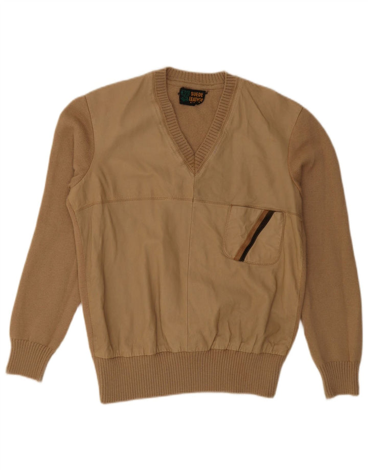 Vintage hombres V-cuello jumper suéter pequeño beige lana