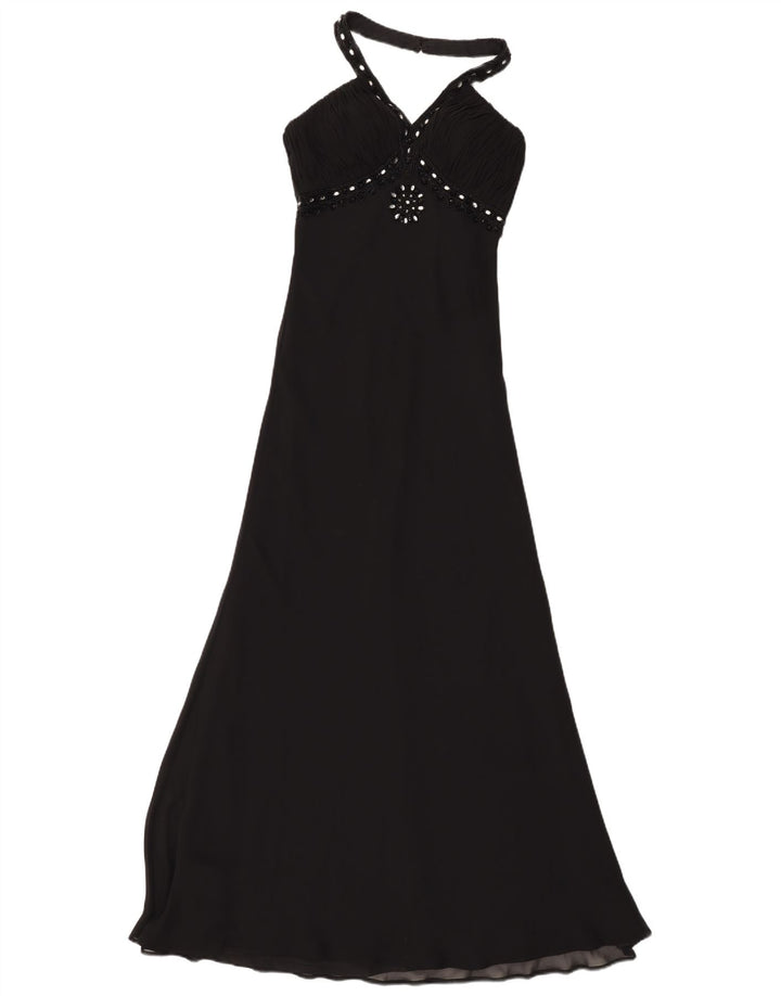Vintage mujer Maxi Halter vestido Reino Unido 8 pequeño poliéster negro