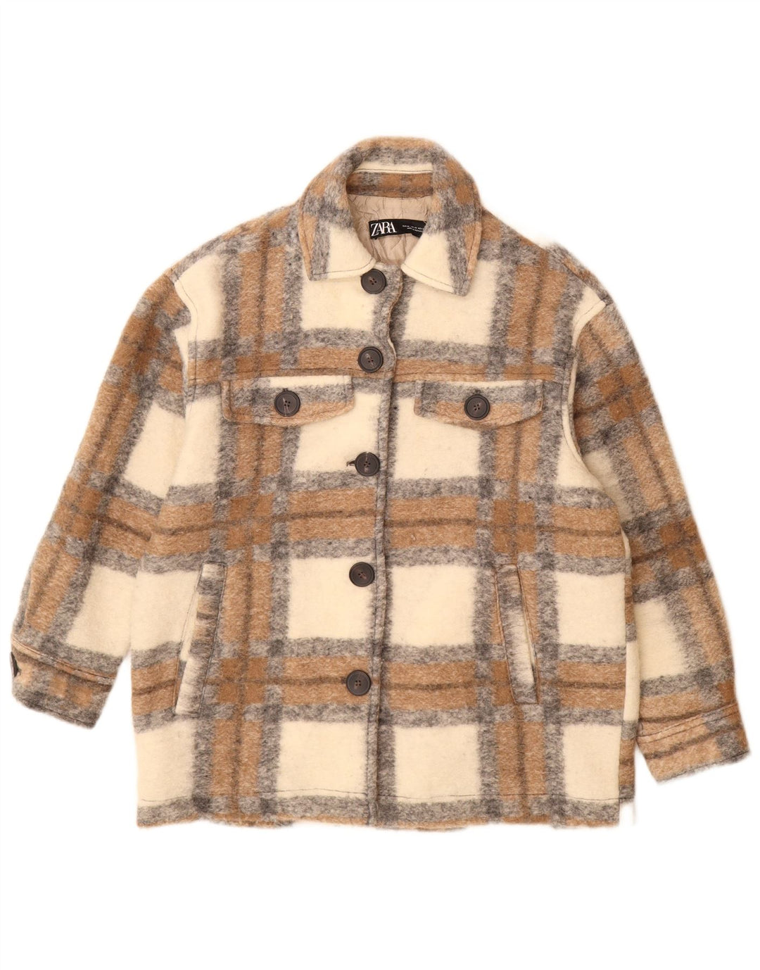 Zara Mujer Chaqueta Extragrande Shacket UK 6 XS Lana A Cuadros Beige