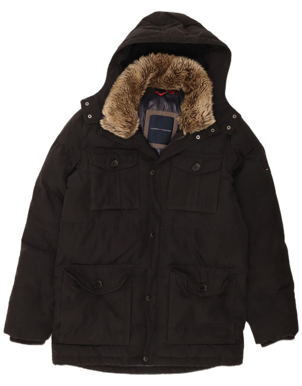 Tommy Hilfiger Abrigo acolchado con capucha para hombre UK 42 XL Poliéster negro
