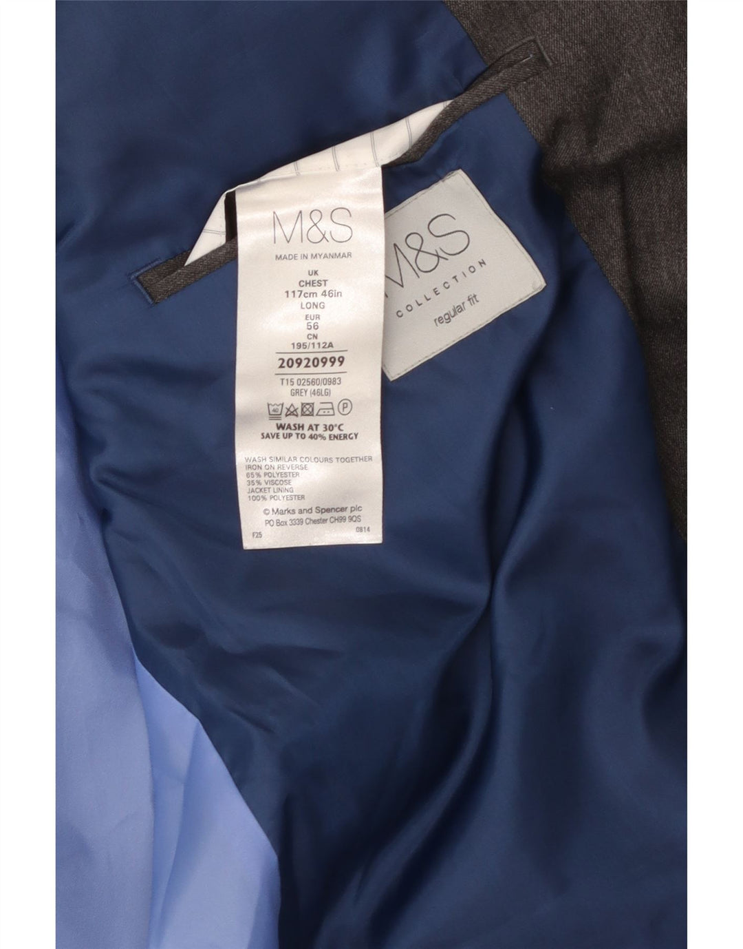 MARKS & SPENCER Chaqueta tipo blazer de corte regular con 2 botones para hombre UK 46 XL Gris