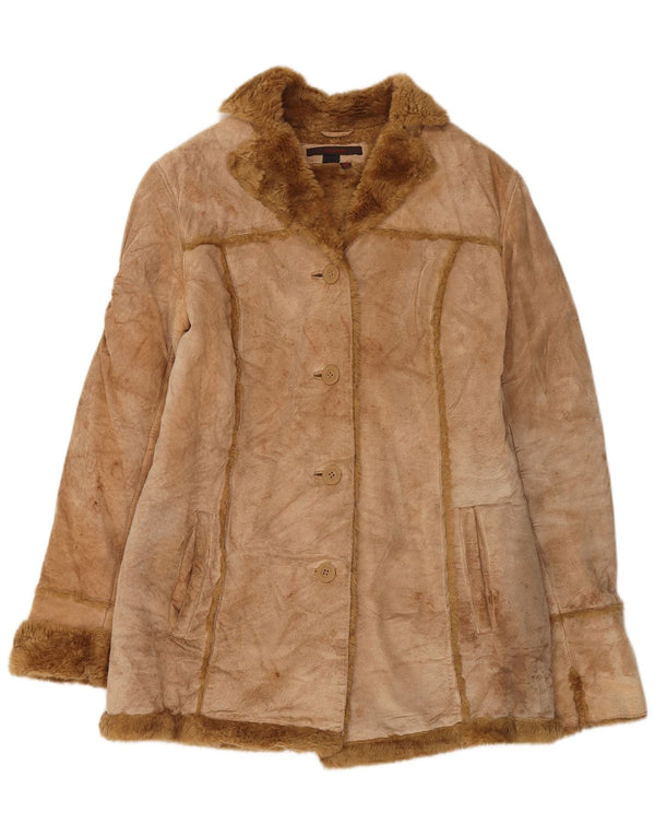 Zara Mujer Chaqueta De Piel De Oveja UK 44 Cuero Beige Medio
