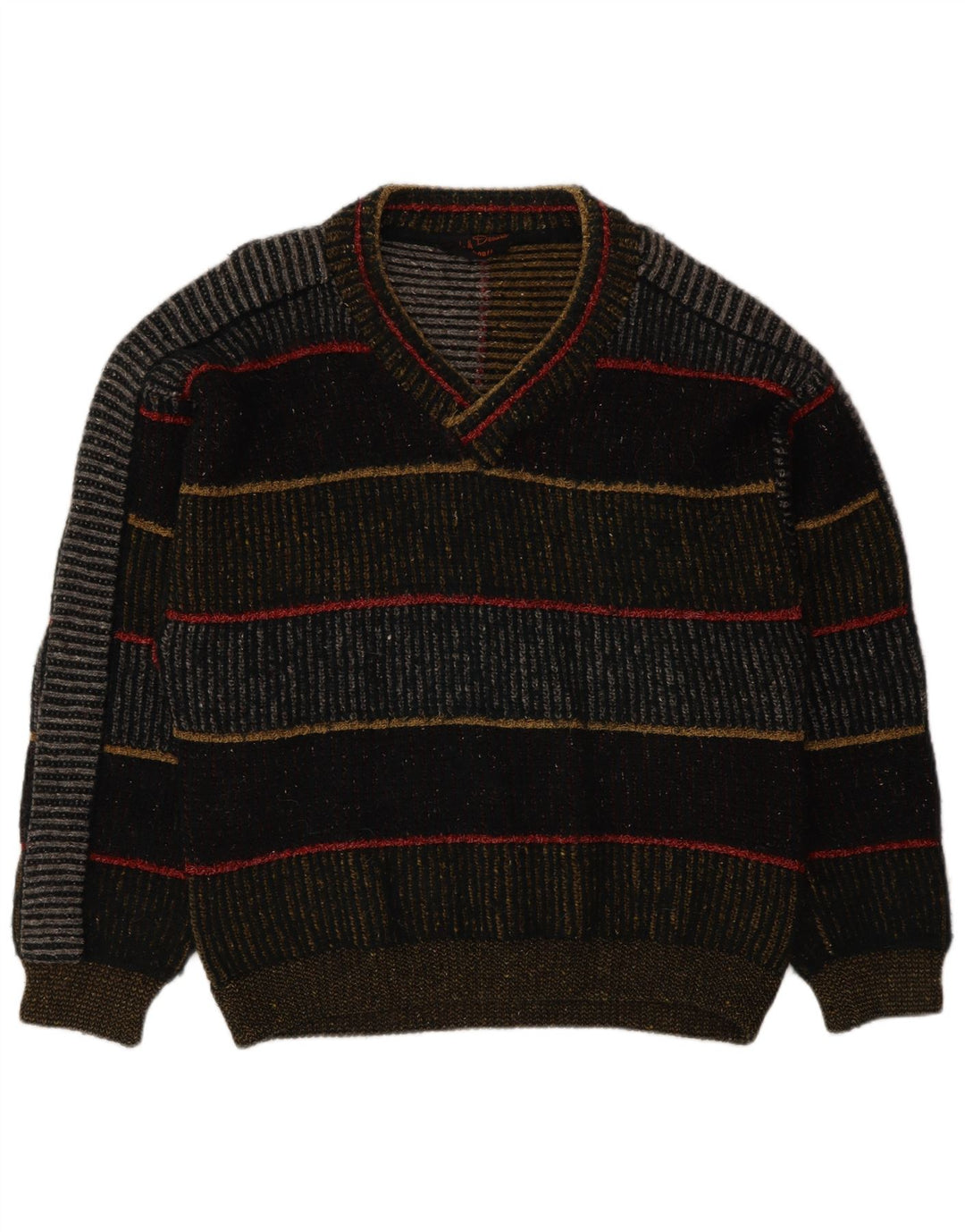 Vintage hombres V-cuello jumper suéter grande lana a rayas multicolores