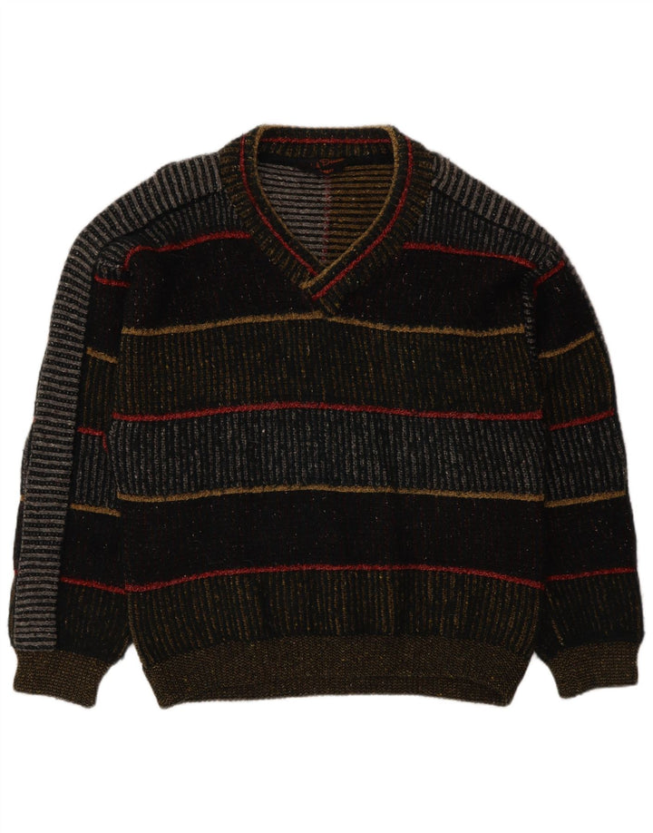 Vintage hombres V-cuello jumper suéter grande lana a rayas multicolores