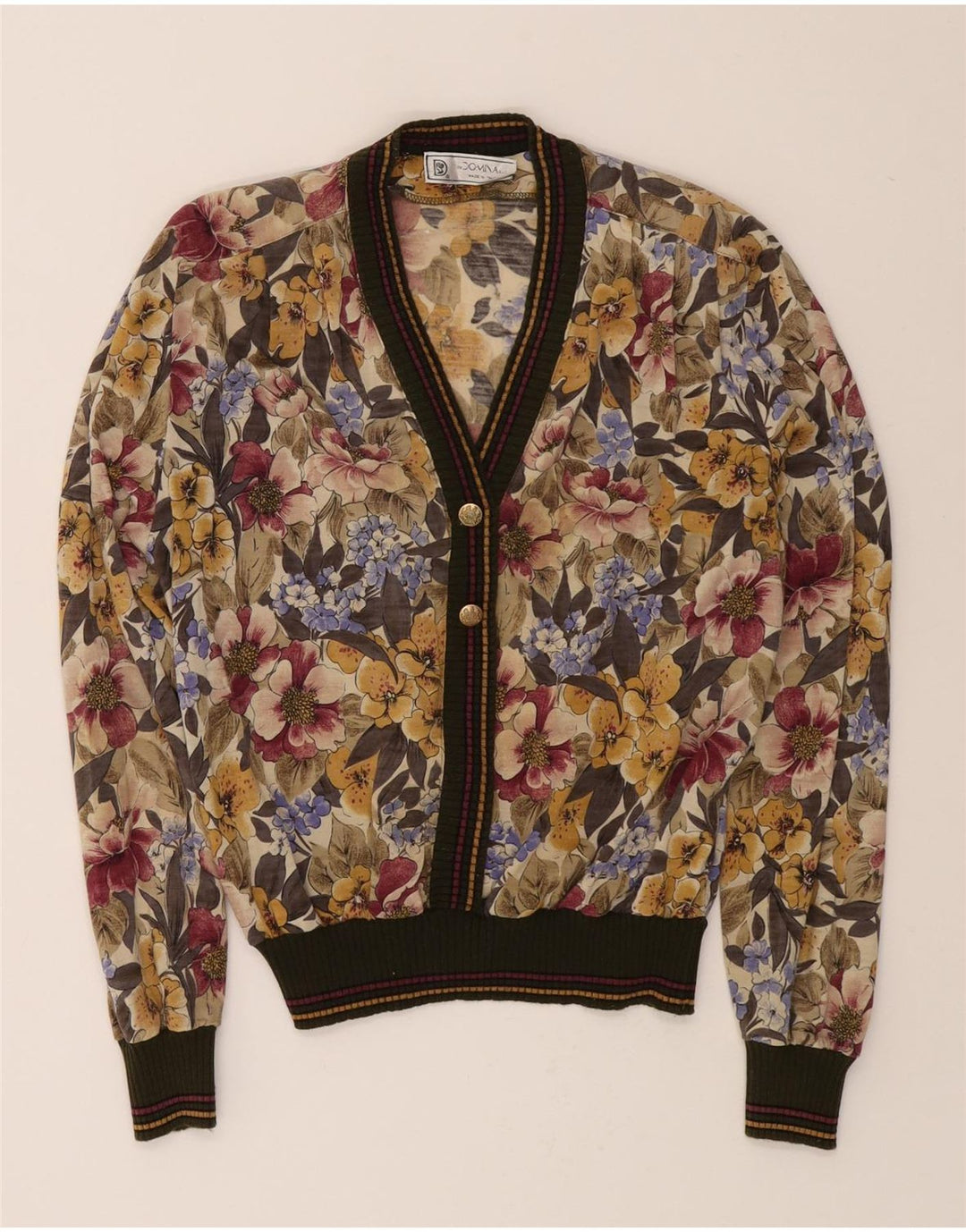 DOMINA Womens V-Neck Jumper Sweater UK 14 Medium Multicoloured Floral Vintage Domina and Second-Hand Domina from Messina Hembry 