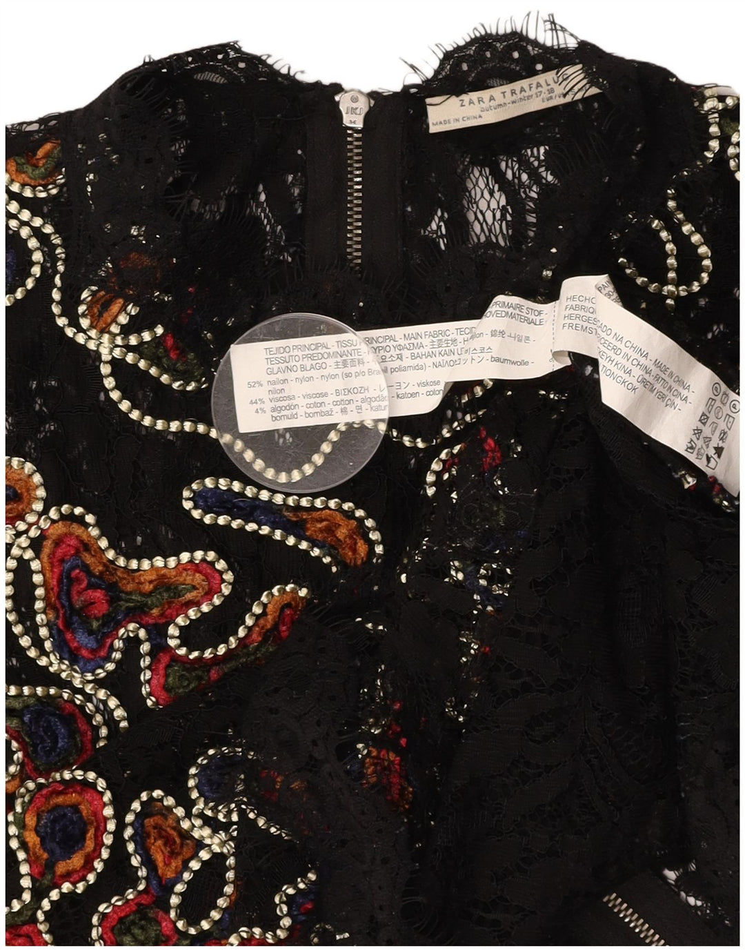 ZARA Blusa de encaje transparente para mujer Top UK 10 Small Nylon floral negro