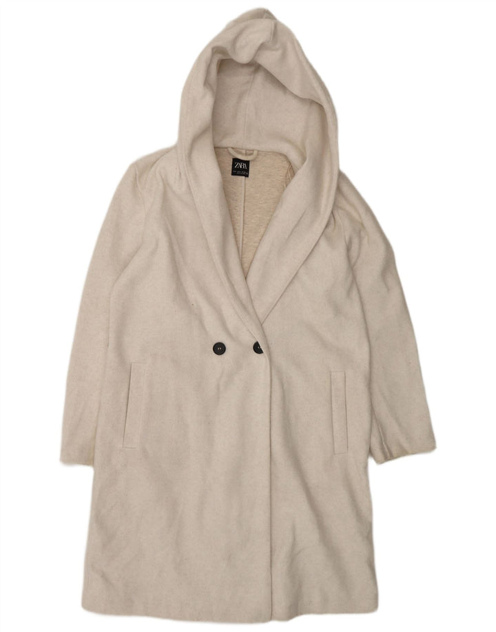 Zara Mujer Abrigo Extragrande De Doble Botonadura Con Capucha UK 10 Small Off White