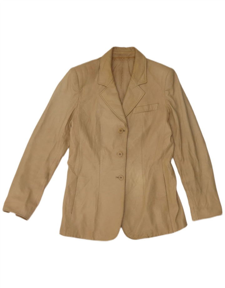 Vintage mujer 3 botones cuero Blazer chaqueta IT 44 cuero beige medio