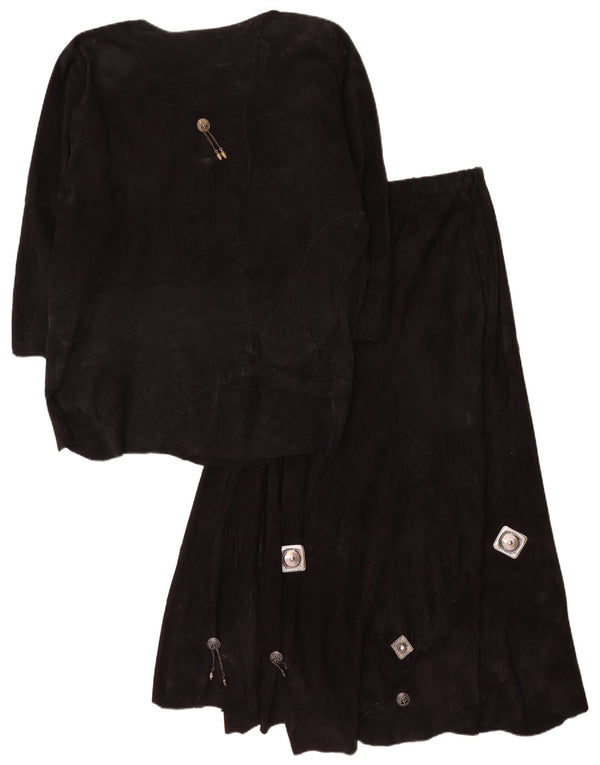 Vintage mujer 3/4 manga ante 2 piezas falda conjunto Reino Unido 12 mediano W28 negro