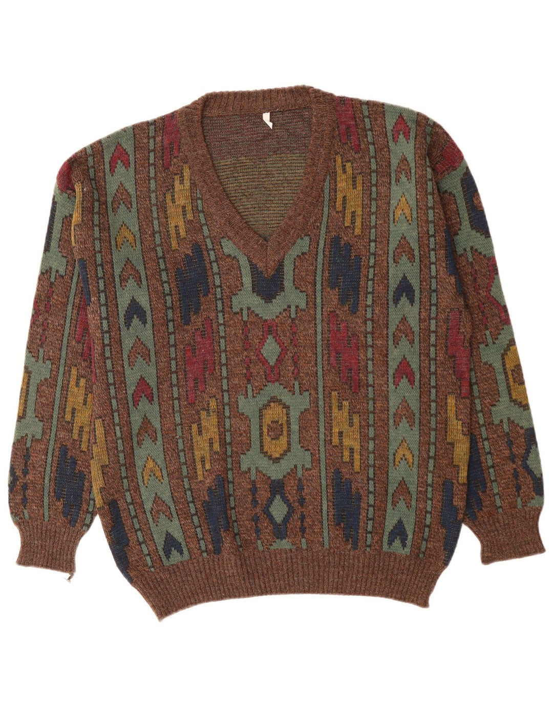 VINTAGE Jersey con cuello en V para hombre IT 50 Marrón medio Geométrico